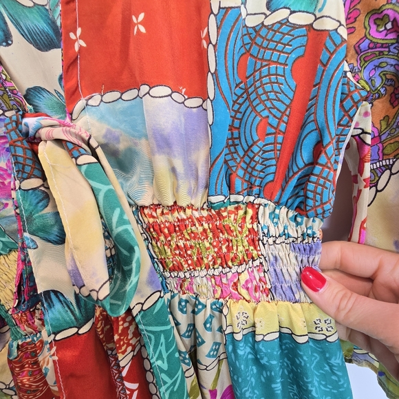 Tipsy Gipsy Colorful Patchwork Boho Tie-Front Mini Dress Size M - Picture 6 of 13